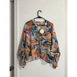 Chenault‎ Blouse Women Multicolor Watercolor Floral Chiffon Flowy Cottagecore XL